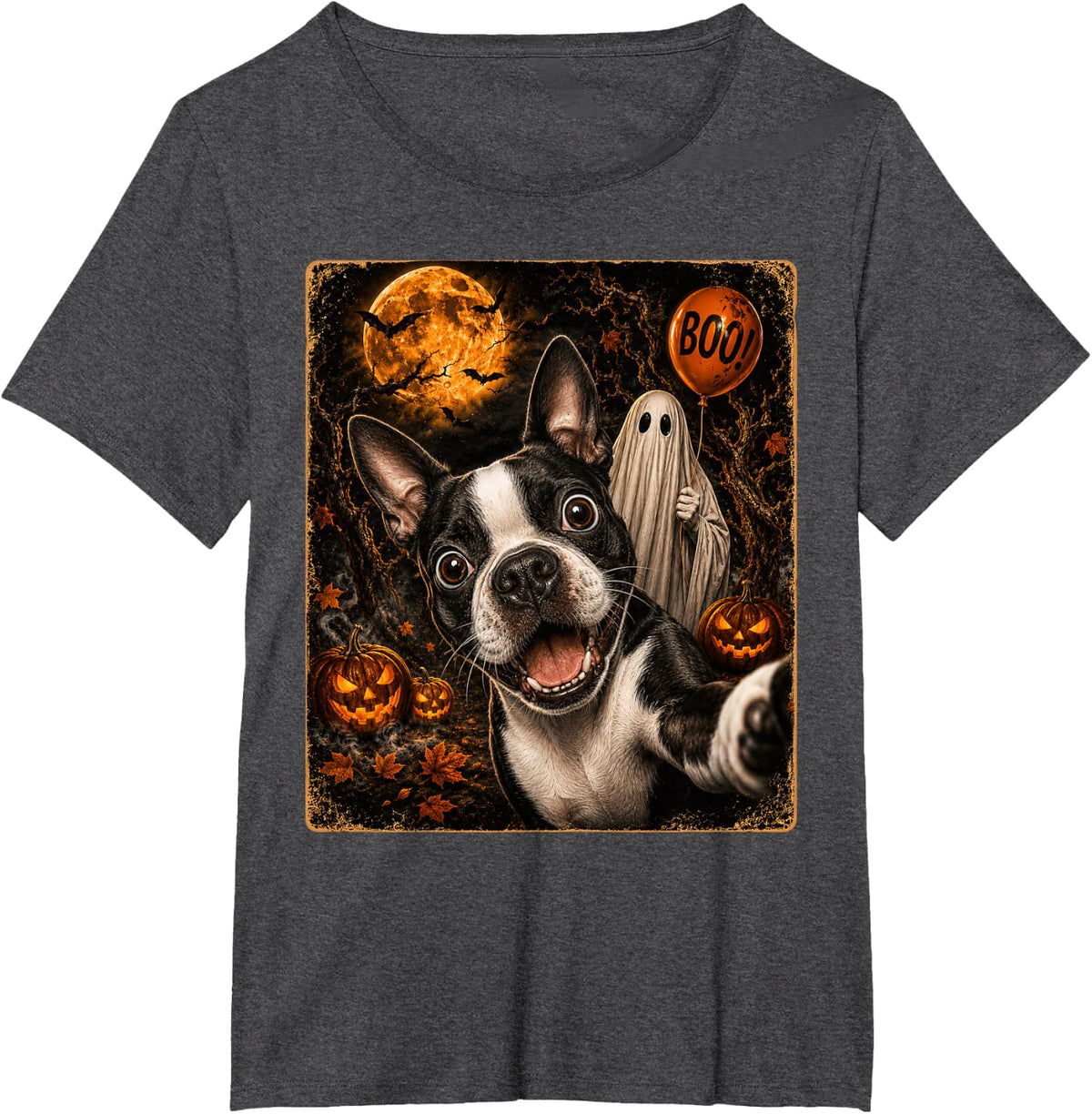 Boston Terrier Dog Halloween Costume Ghost Selfie Spooky T-Shirt - Dark Heather Grey