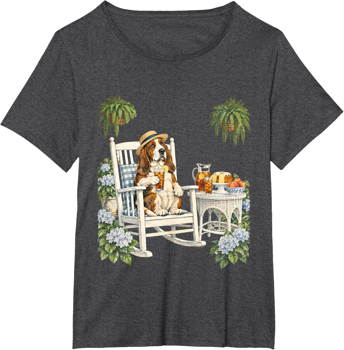 Basset Hound Relaxing with Iced Tea and Summer Treats T-Shirt - Dark Heather Grey