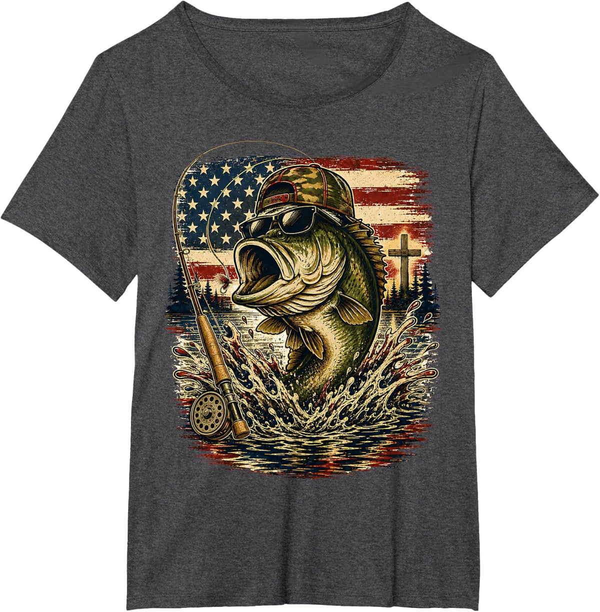 Christian Patriotic Bass Fishing American Flag Fisherman T-Shirt - Dark Heather Grey