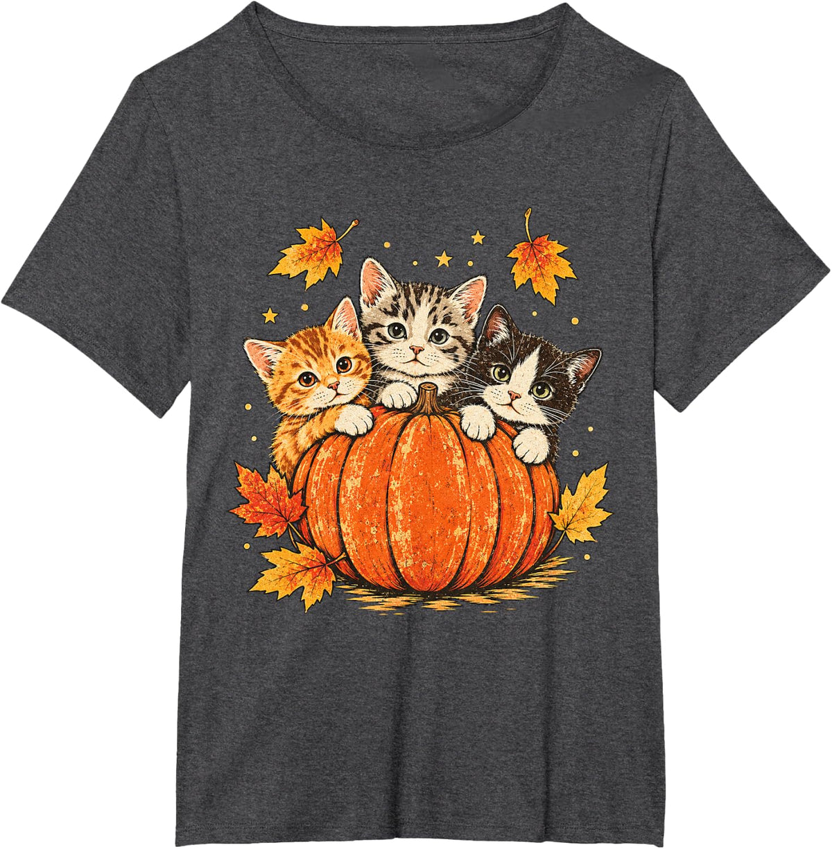 Thanksgiving Three Kittens Cat Pumpkin Fall Autumn Seasonal T-Shirt - Dark Heather Grey