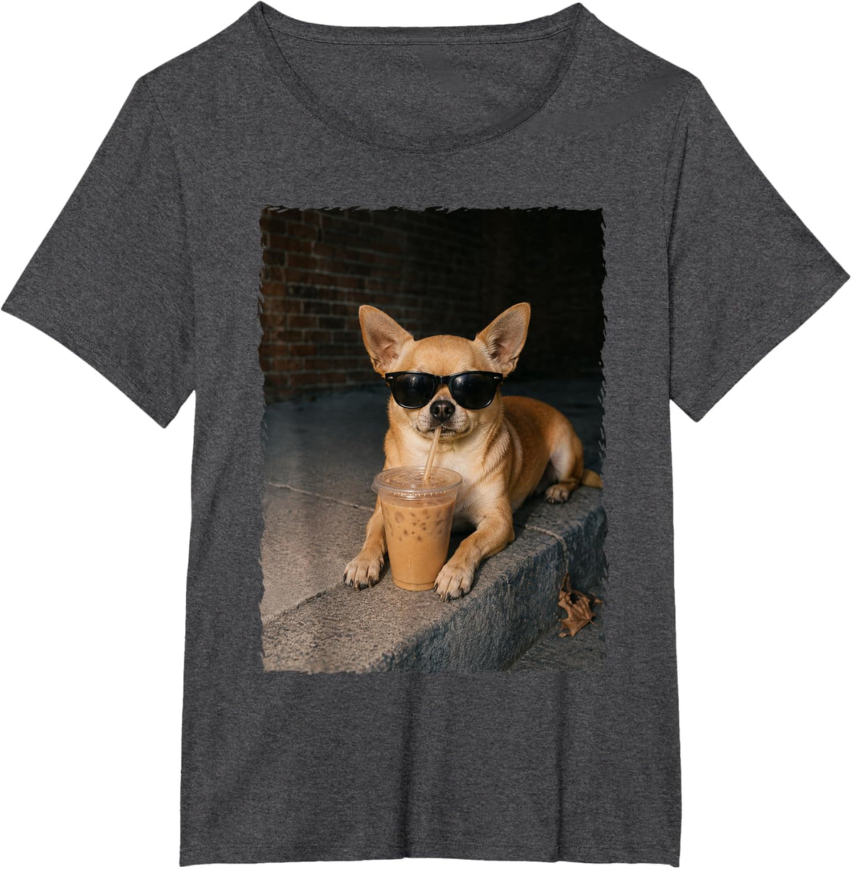 Chihuahua Drinking Iced Coffee Funny Animal T-Shirt - Dark Heather Grey