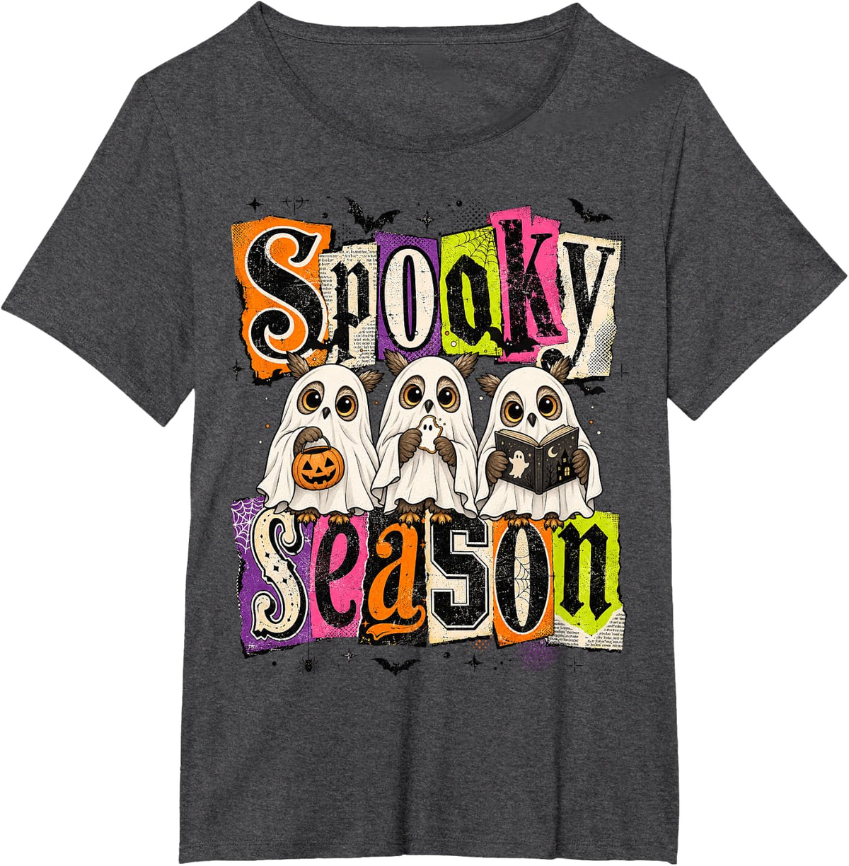 Spooky Season Ghost Owls Book Lover Halloween Tee T-Shirt - Dark Heather Grey