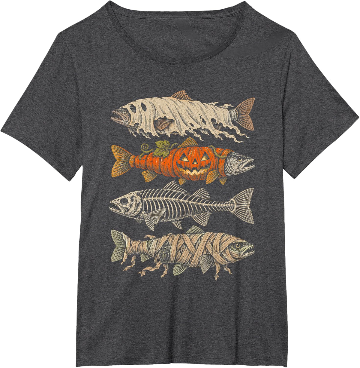 Halloween Trout Fish Ghost Pumpkin Skeleton Mummy Funny T-Shirt - Dark Heather Grey