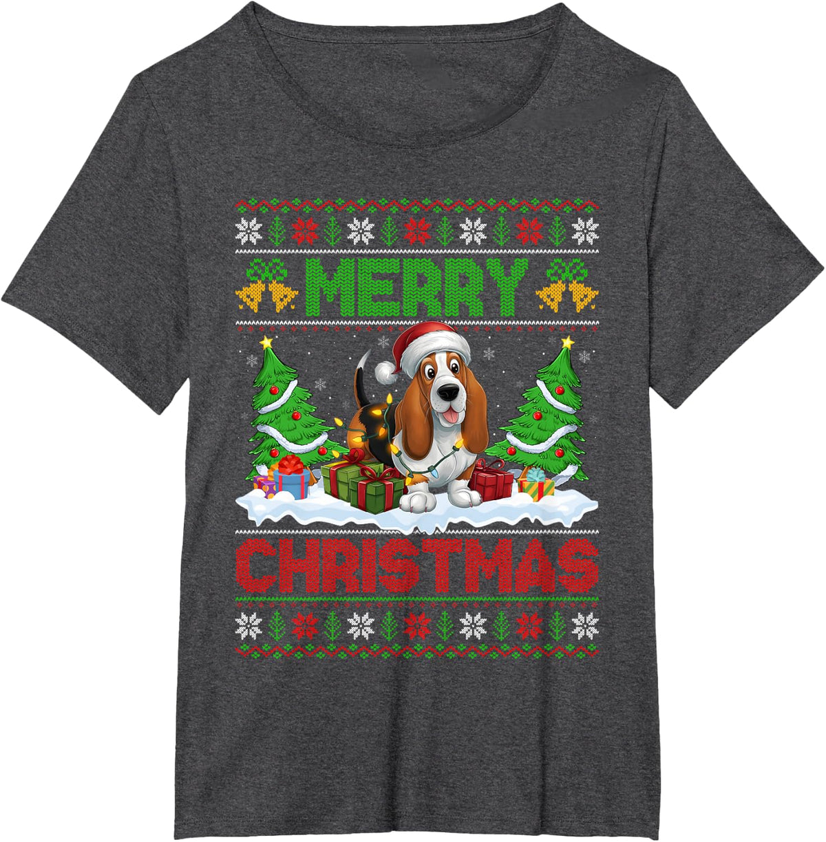 Xmas Tree Lighting Ugly Santa Hat Basset Hound Dog Christmas T-Shirt for Men Women Kids - Dark Heather Grey