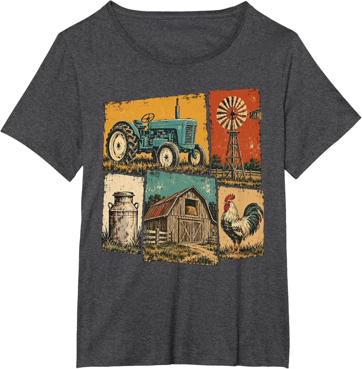Vintage Farm Life Collage Design Tractor Windmill. T-Shirt - Dark Heather Grey