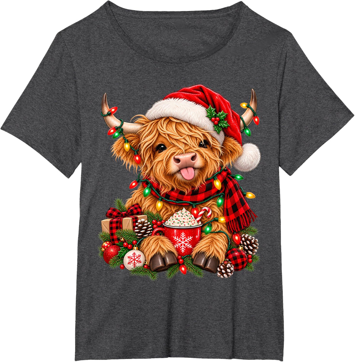 Highland Cow Santa Hat Lights Cattle Farm Animals Christmas T-Shirt - Dark Heather Grey