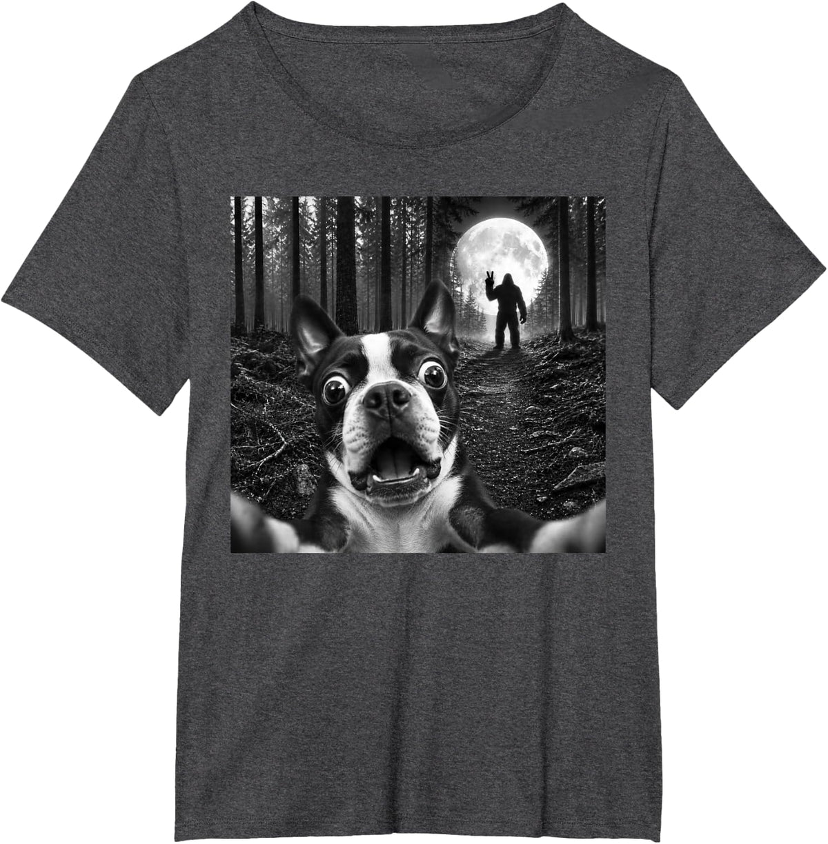 Boston Terrier Selfie with Bigfoot Peace Sign Dog Sasquatch T-Shirt - Dark Heather Grey