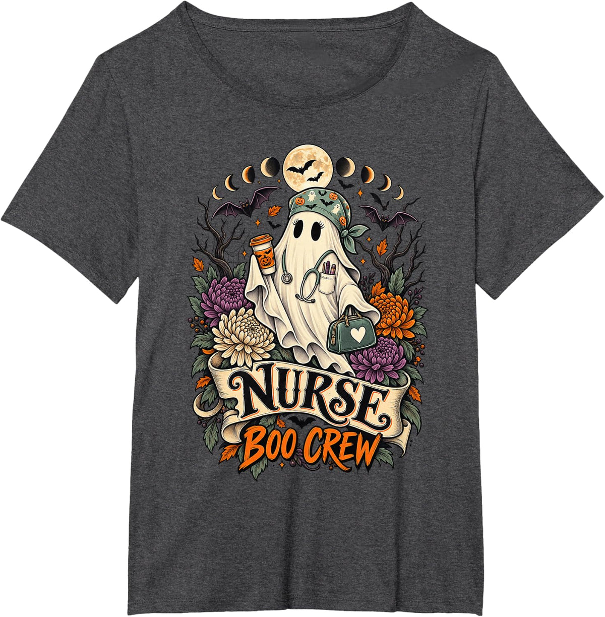 Halloween Ghost Nurse Boo Crew Womens T-Shirt - Dark Heather Grey
