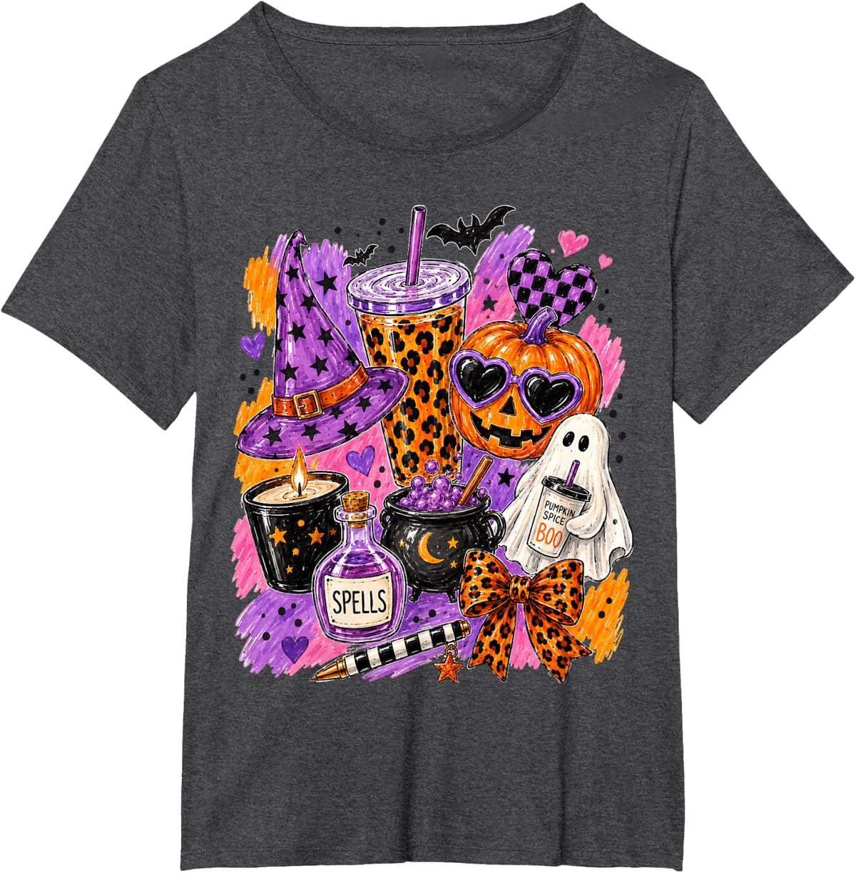 Brushstroke Halloween Doodles Watercolor Spooky Season Women T-Shirt - Dark Heather Grey