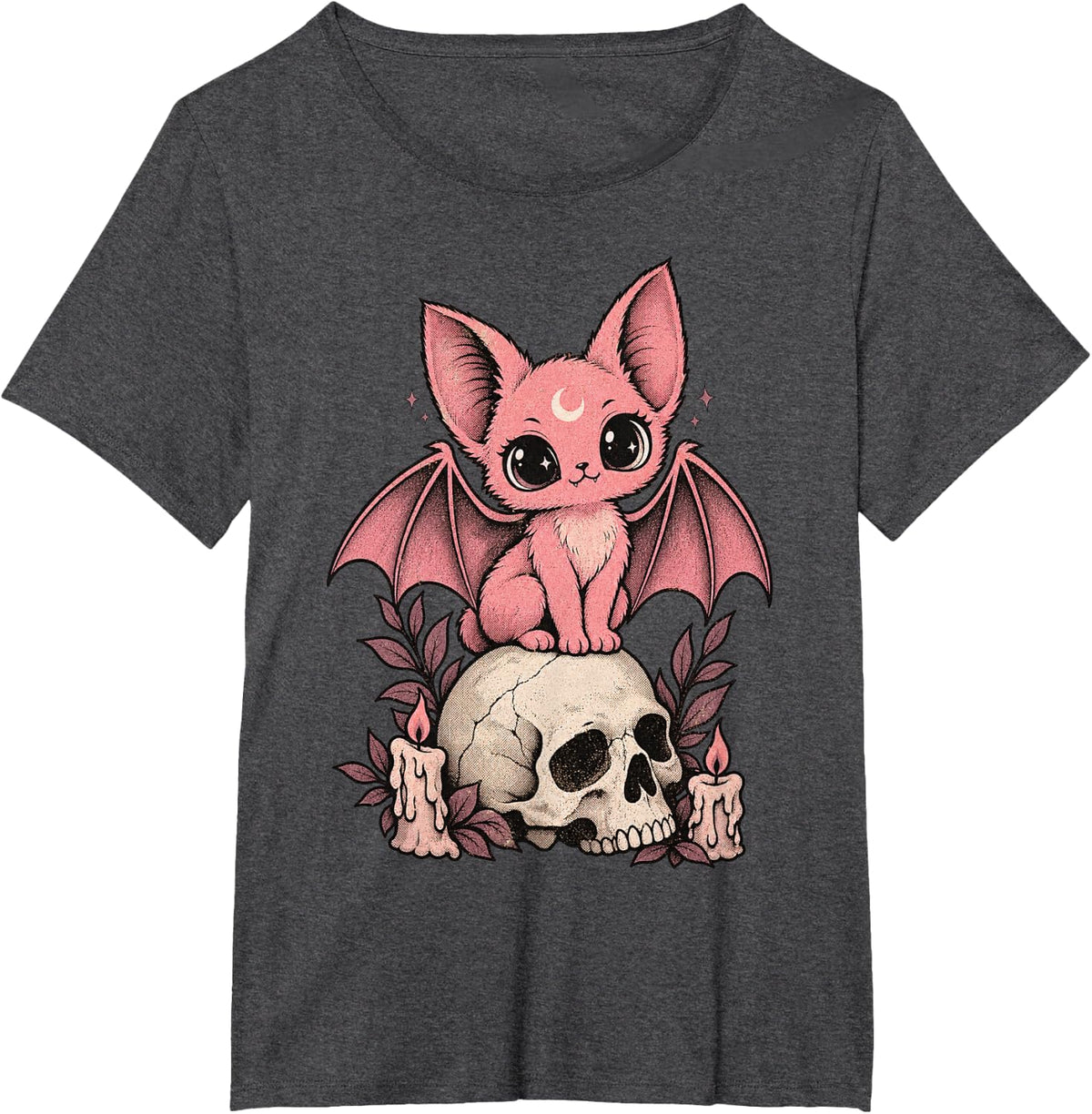 Kawaii Pastel Goth Cute Creepy Cat Bat Skeleton T-Shirt - Dark Heather Grey