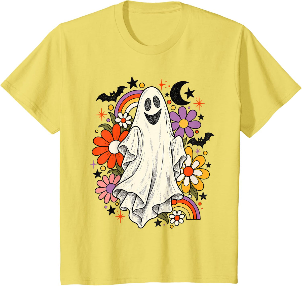 Groovy Floral Ghost Boo Halloween Spooky Season Women Kids T-Shirt - Lemon Yellow