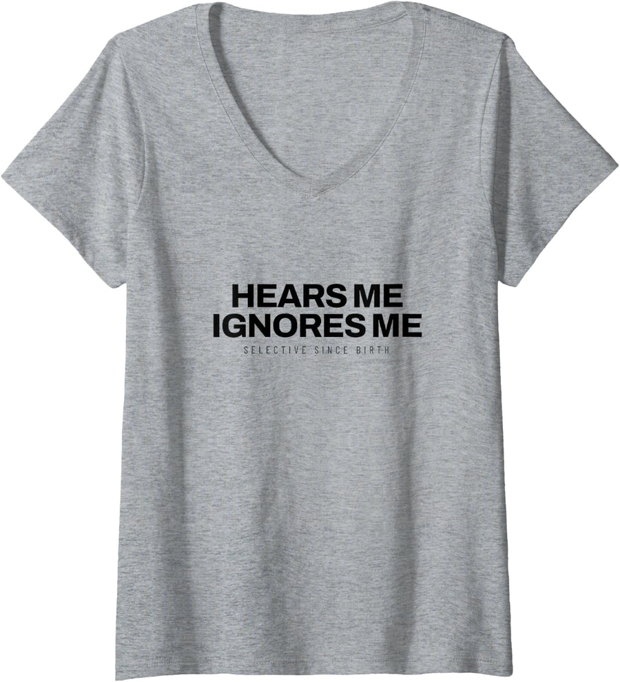 Women's Basset Hound - Hears Me Ignores Me - Hound Dog V-Neck T-Shirt - Heather Grey