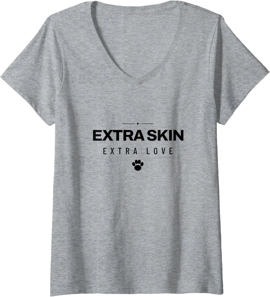 Women's Basset Hound - Extra Skin Extra Love - Hound Dog V-Neck T-Shirt - Heather Grey
