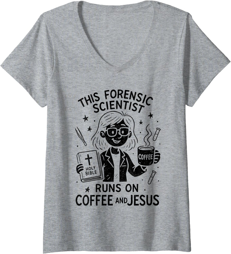 Women's Runs On Coffee and Jesus Forensic Scientist V-Neck T-Shirt - Heather Grey
