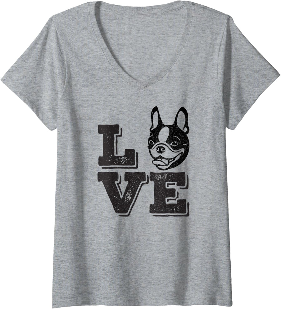 Womens Love Boston Terrier V-Neck T-Shirt - Heather Grey
