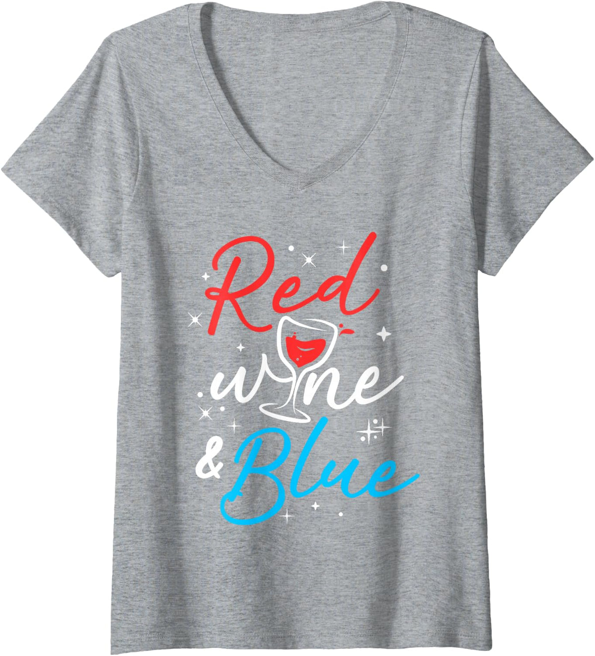 Women's Women Red Wine and Blue Funny Wine Glass Fourth Of July V-Neck T-Shirt - Heather Grey