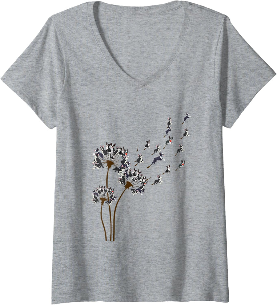 Womens Boston Terrier Flower Fly Dandelion Funny Dog Lover Dog Dad V-Neck T-Shirt - Heather Grey