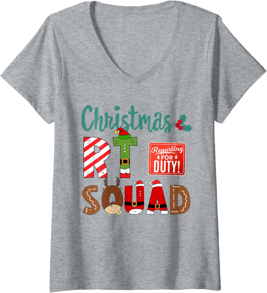 Women's Respiratory Therapist Christmas RT Squad Tree Xmas Light V-Neck T-Shirt - Heather Grey