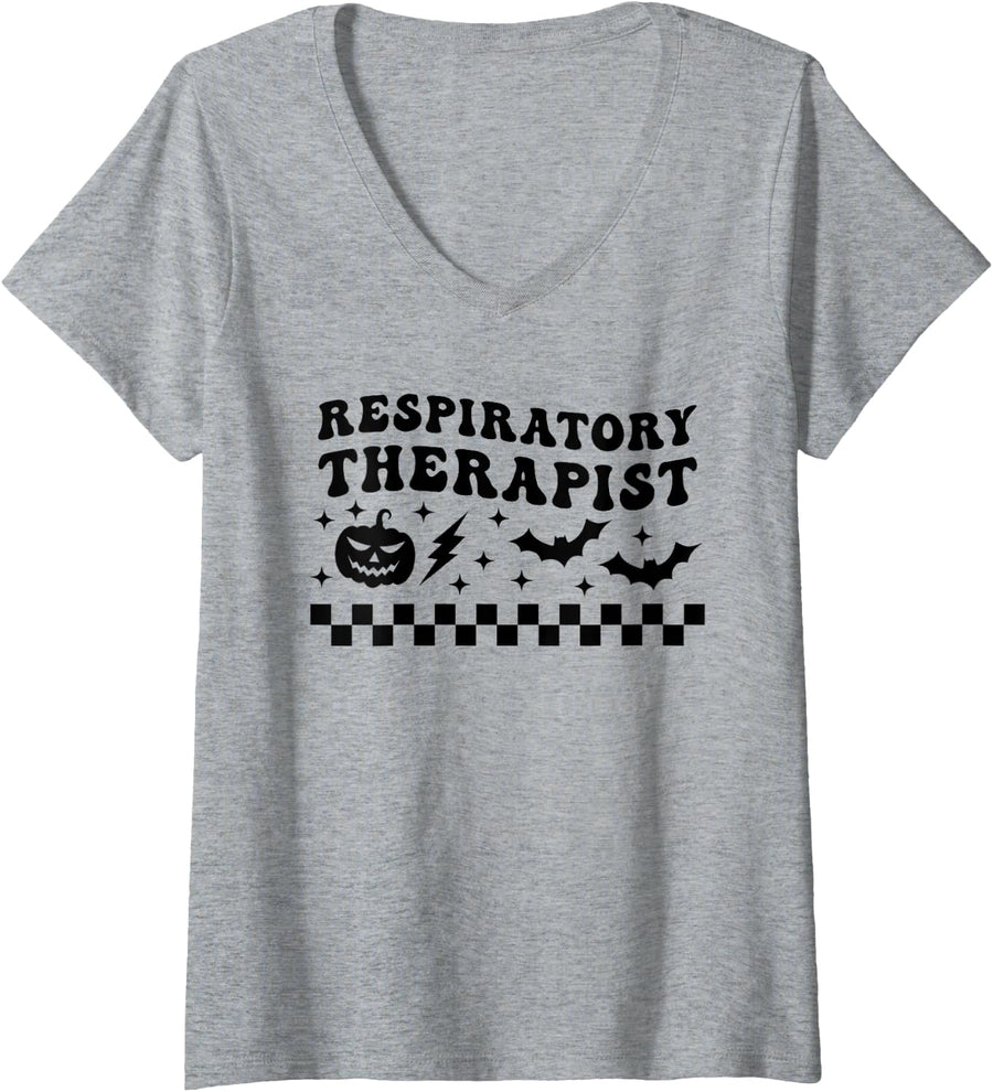 Women's Respiratory Therapist Halloween Spooky Autumn Fall RT Cute V-Neck T-Shirt - Heather Grey