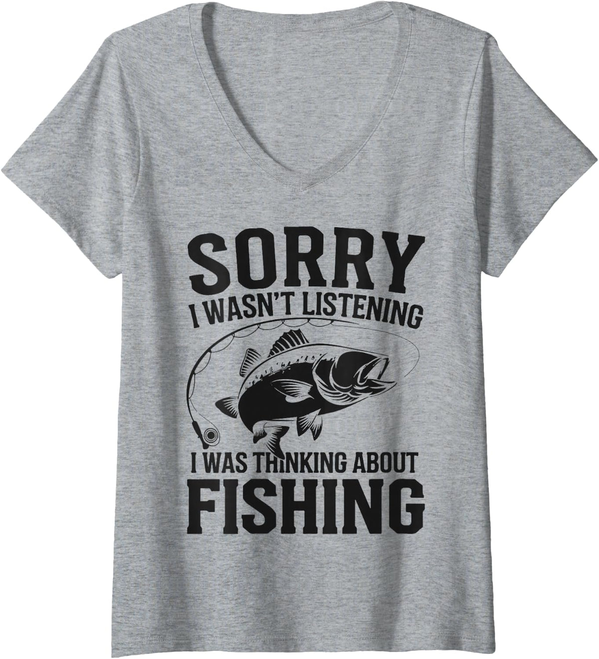 Women's Thinking About Fishing Humor Father's Day Funny Fisherman V-Neck T-Shirt - Heather Grey