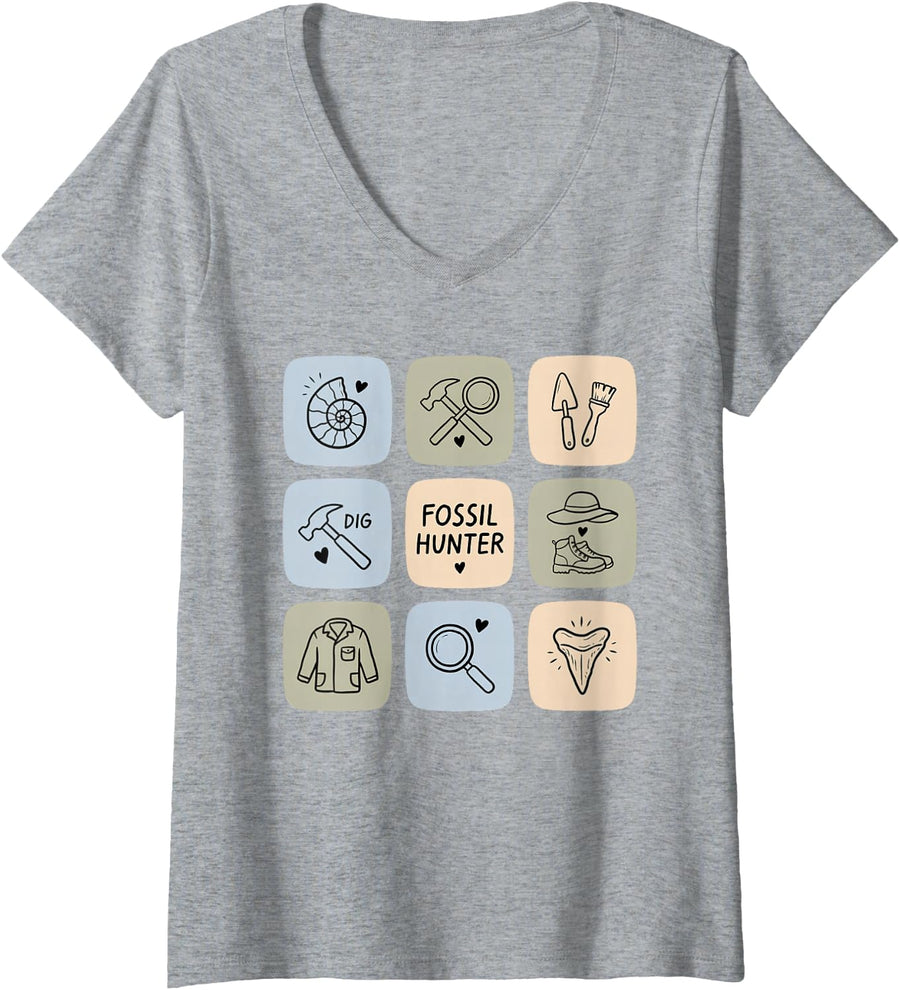 Women's Fossil Hunter Dig Paleontology Fossil Collecting Hound V-Neck T-Shirt - Heather Grey