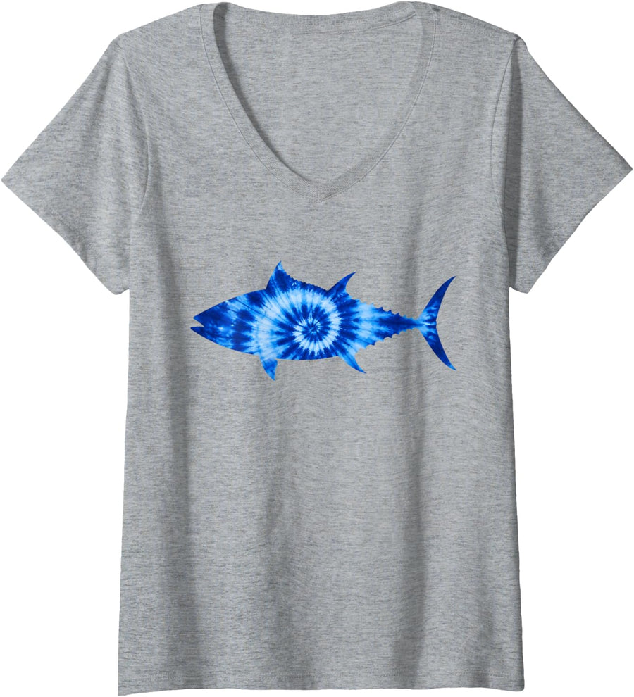 Women's Tie Dye Blue Fin Tuna V-Neck T-Shirt - Heather Grey