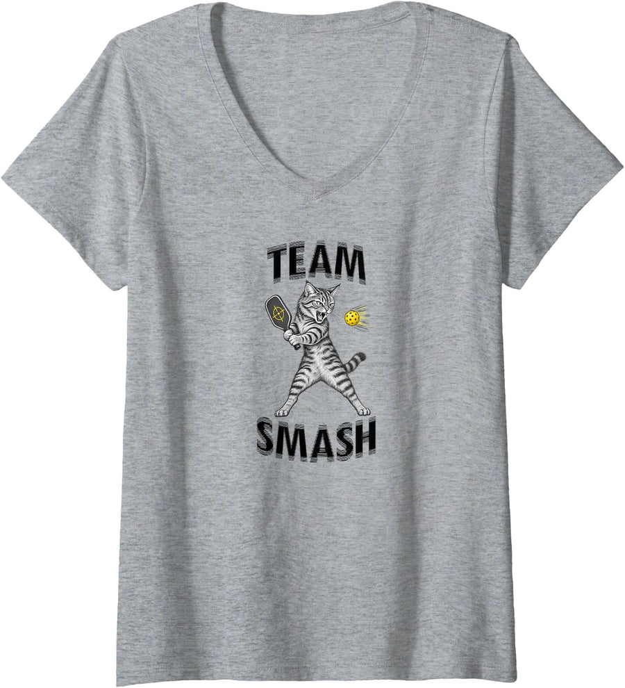 Women's Artistic Tabby Cat Playing Pickleball - Team Smash! V-Neck T-Shirt - Heather Grey