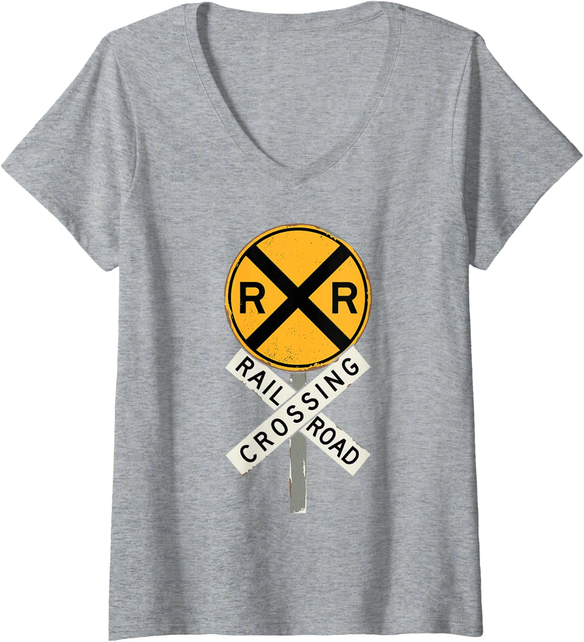 Women's Railroad Crossing Stop On Red Signal Train Lover Railroad V-Neck T-Shirt - Heather Grey