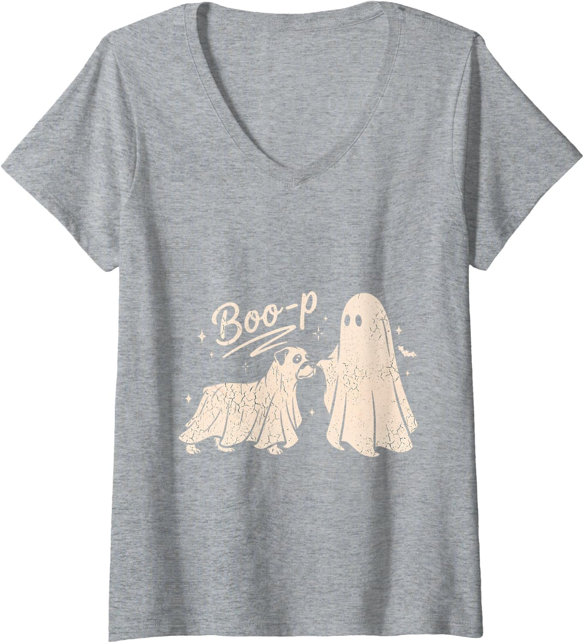 Women's Funny Spooky Season Rottweiler Halloween Boo-P Ghost Dog V-Neck T-Shirt - Heather Grey