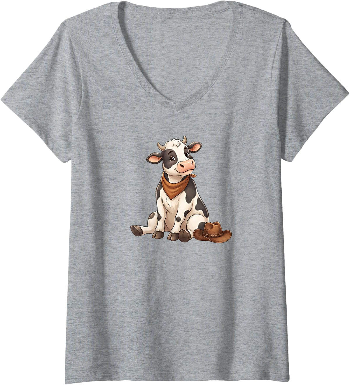 Women's Cute Cartoon Cow Sitting with Cowboy Hat Bandana V-Neck T-Shirt - Heather Grey