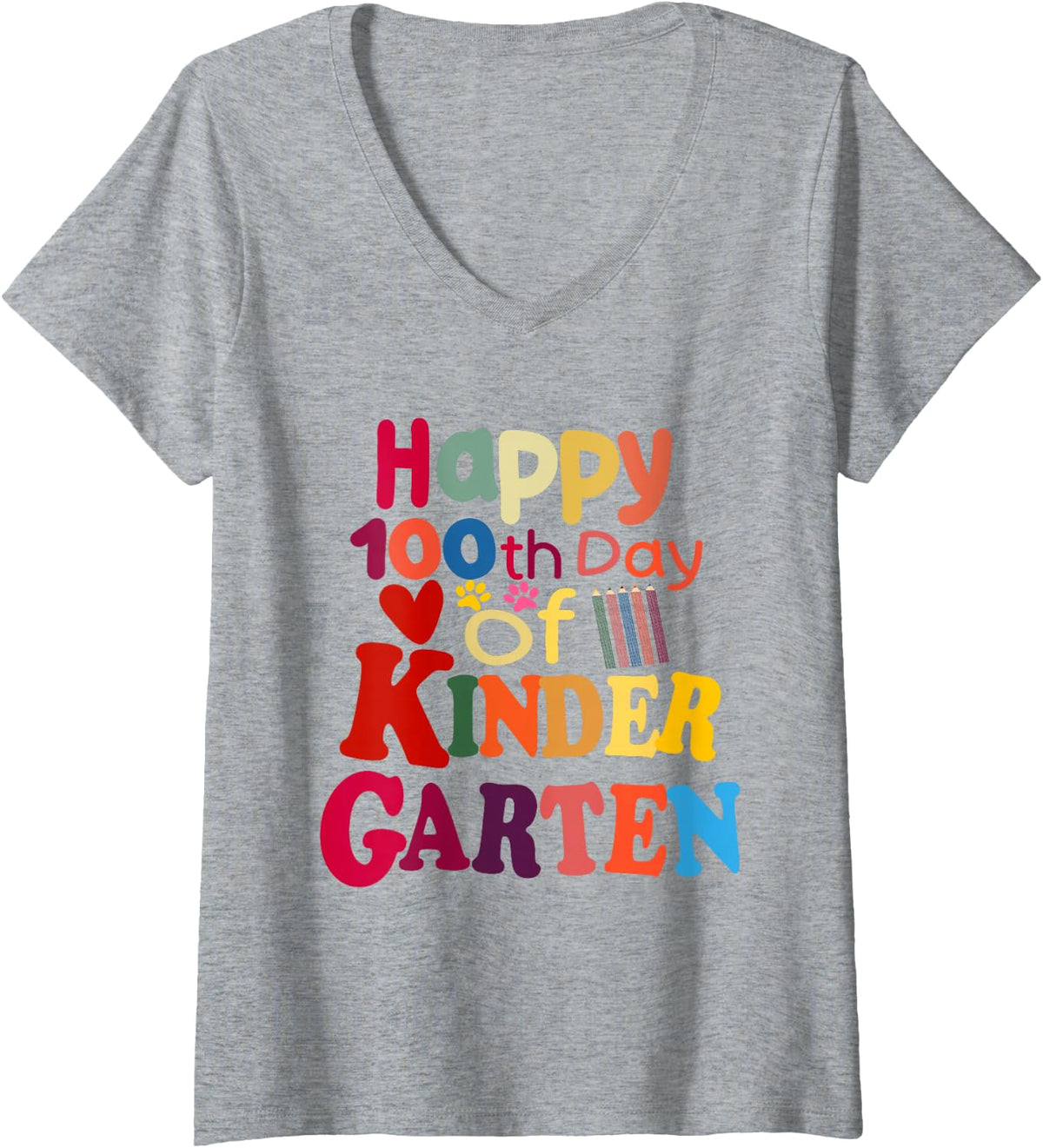 Women's Happy 100th Day of Kindergarten for Student or Teacher V-Neck T-Shirt - Heather Grey