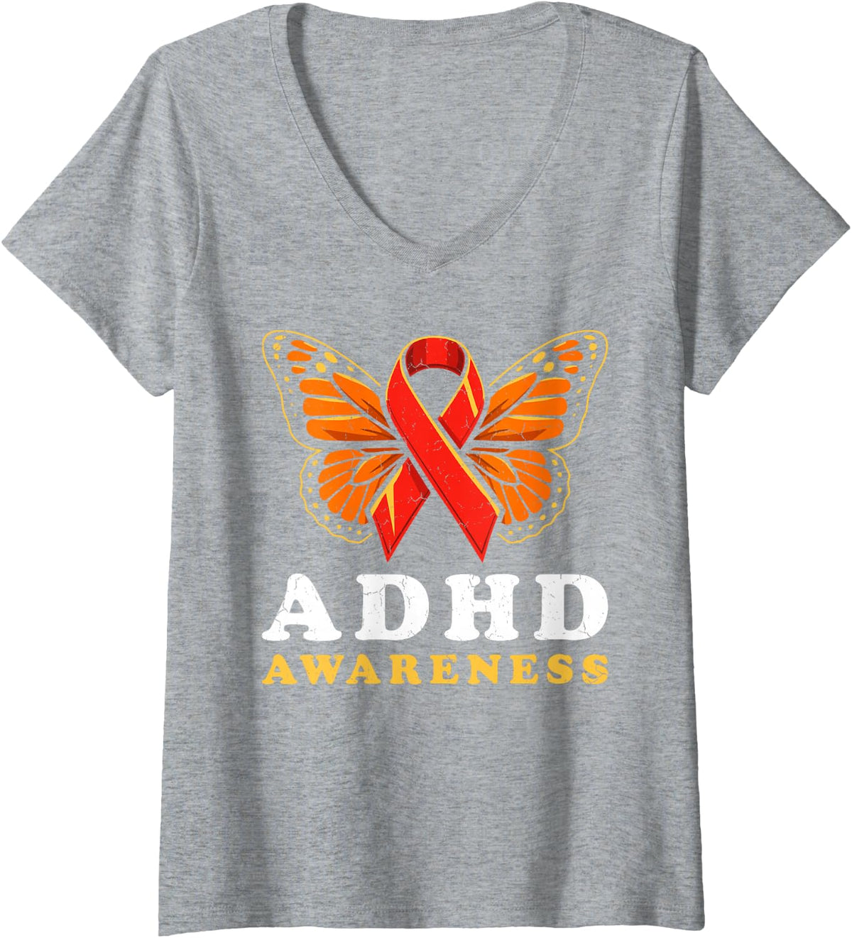 Women's Butterfly ADHD Awareness Month Orange Ribbon V-Neck T-Shirt - Heather Grey