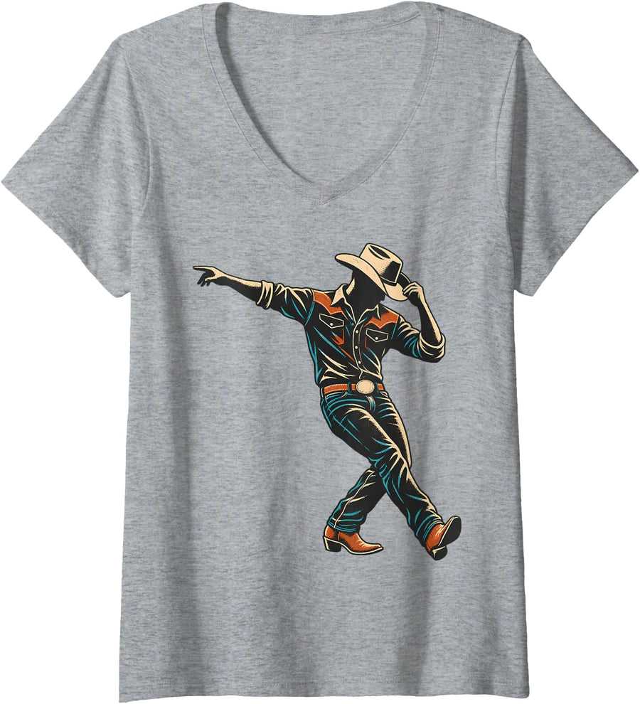 Women's Cowboy Dancer Line Dance Western V-Neck T-Shirt - Heather Grey