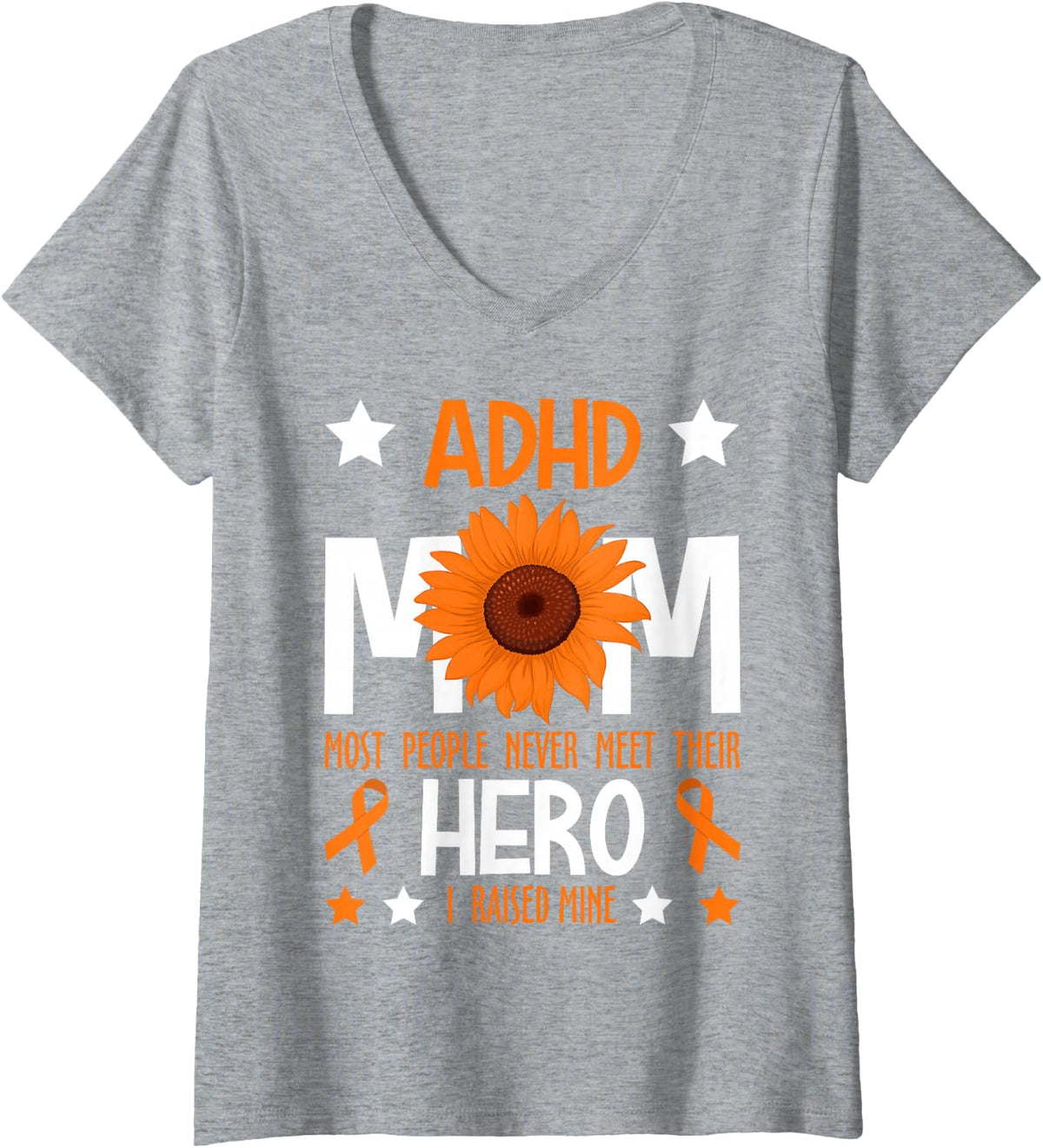 Women's ADHD Mom ADHD Awareness Month Family Support Orange Ribbon V-Neck T-Shirt - Heather Grey