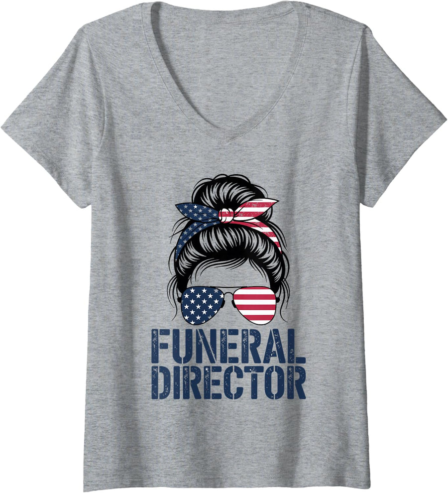 Women's Funeral Director American Patriot V-Neck T-Shirt - Heather Grey