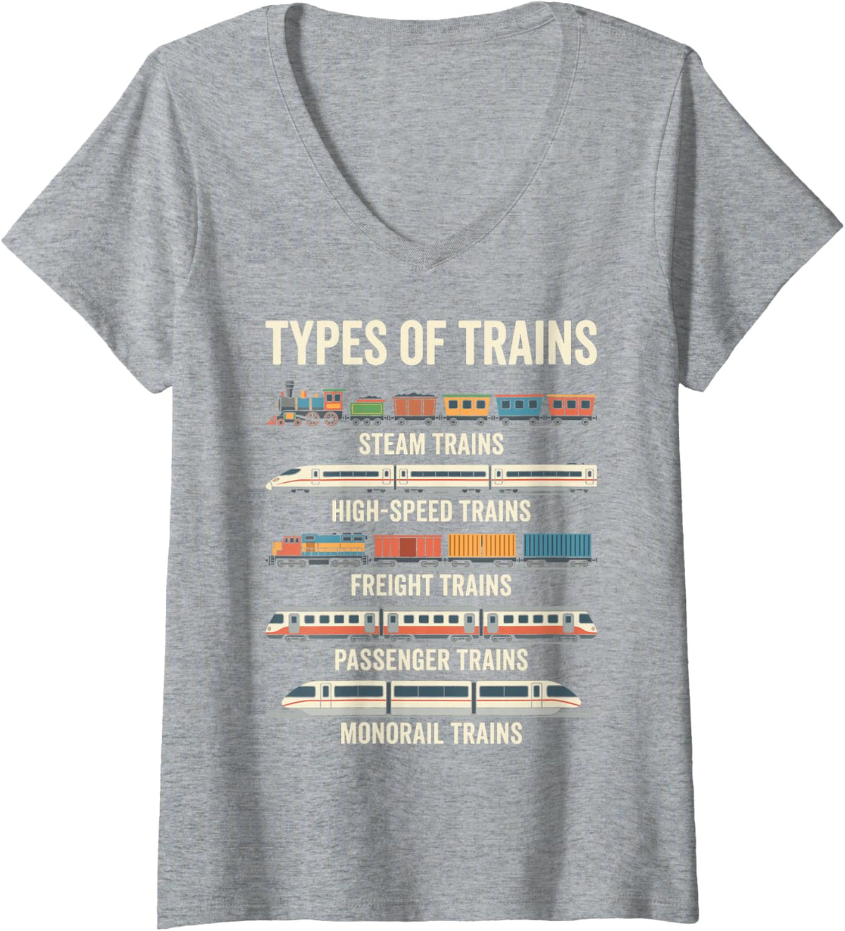 Women's Types of Trains Steam Freight Passenger High-Speed Monorail V-Neck T-Shirt - Heather Grey