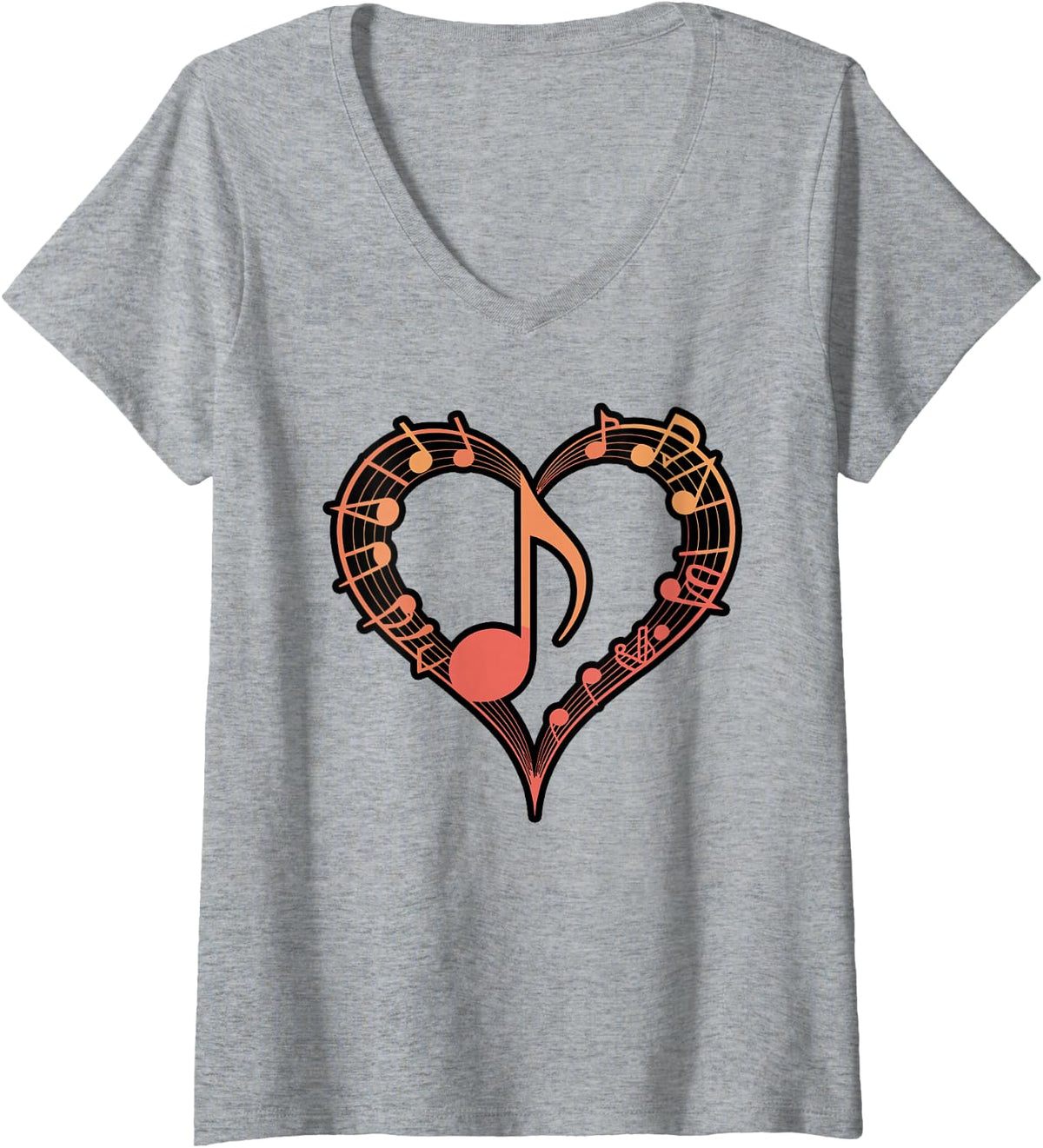 Women's Heart Music Notes Pink Minimalist Design V-Neck T-Shirt - Heather Grey