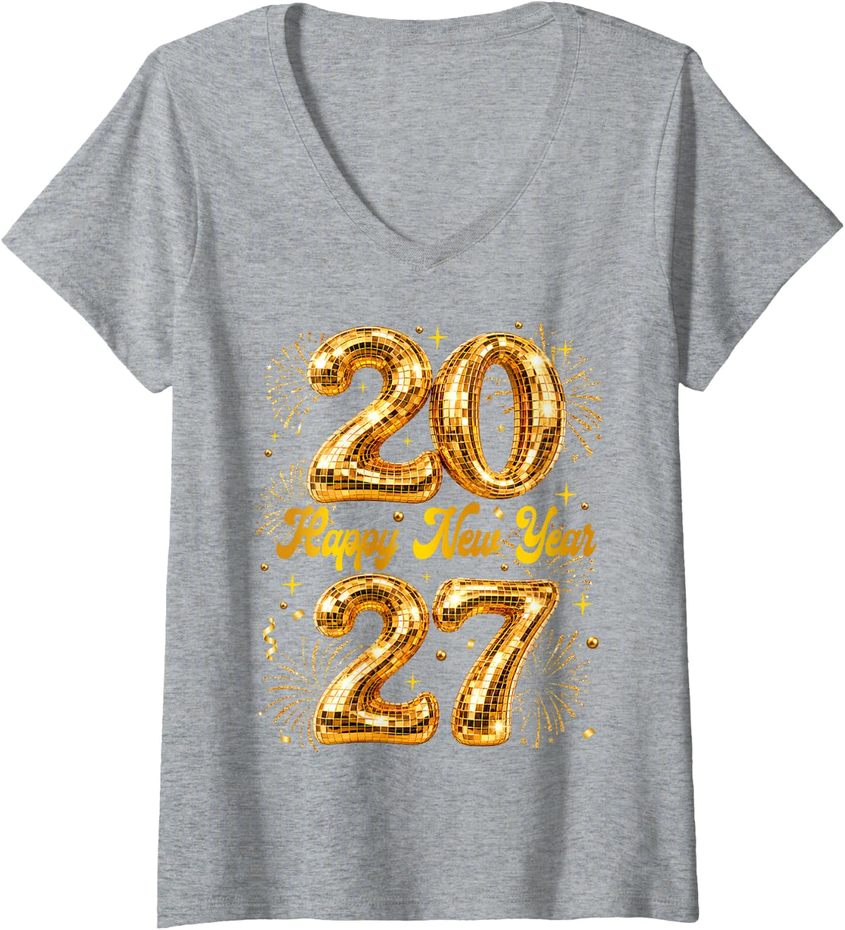 Women's Happy New Year 2027 Discoball Fireworks Men Women Kid V-Neck T-Shirt - Heather Grey