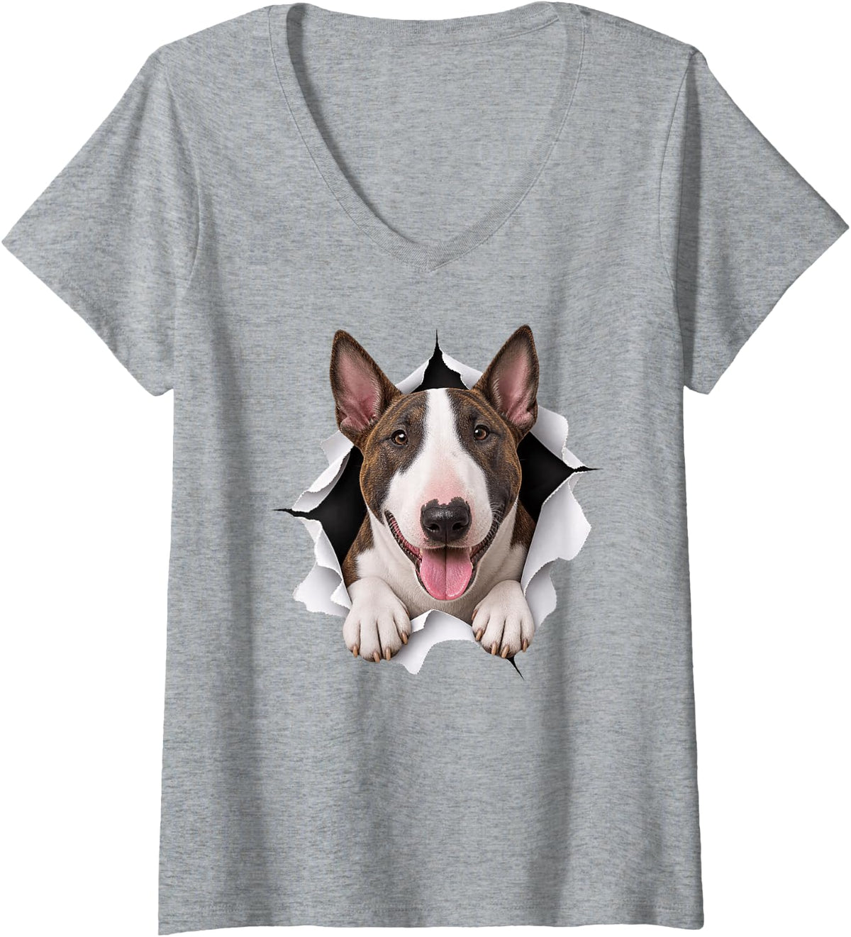 Women's Funny Bull Terrier Peeking Cute Dog Lover Mom Dad V-Neck T-Shirt - Heather Grey