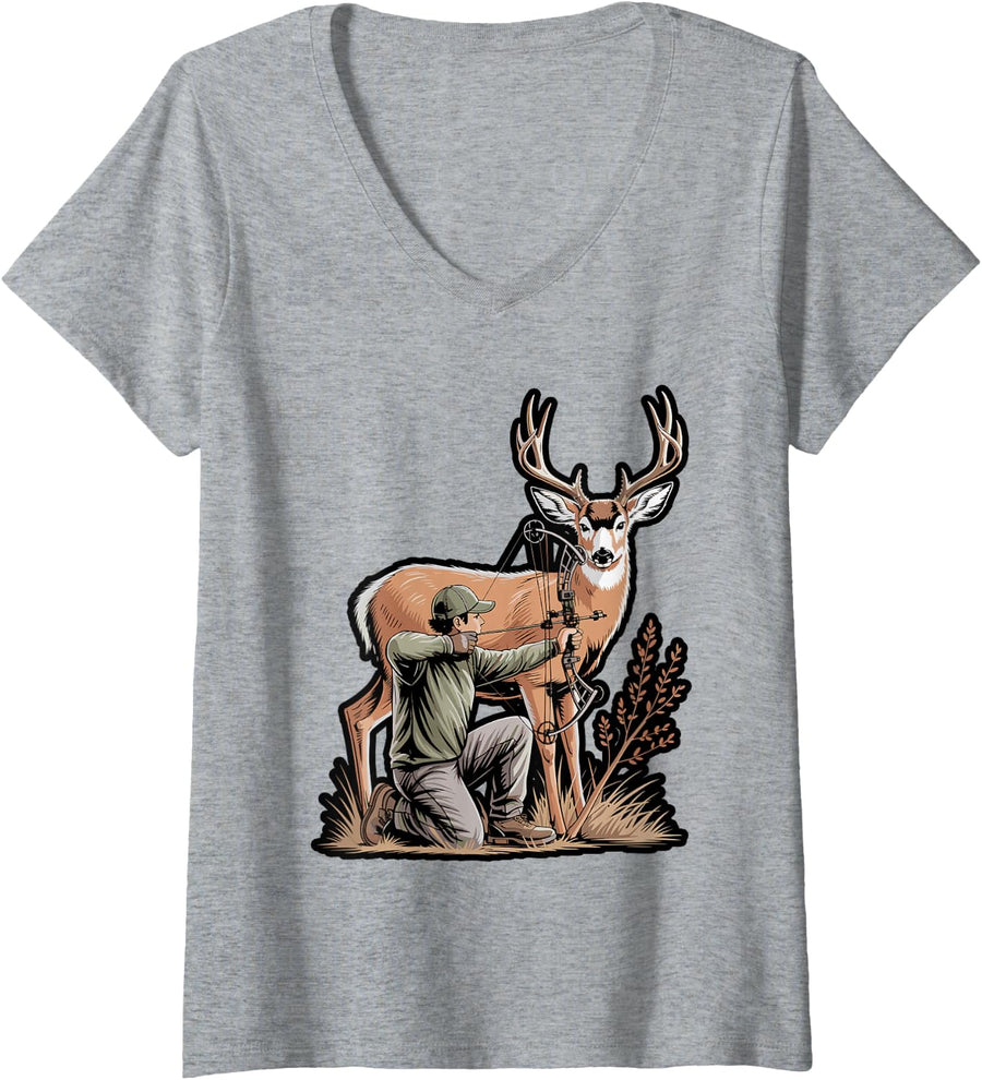 Women's Bowhunter Silhouette in Grass V-Neck T-Shirt - Heather Grey