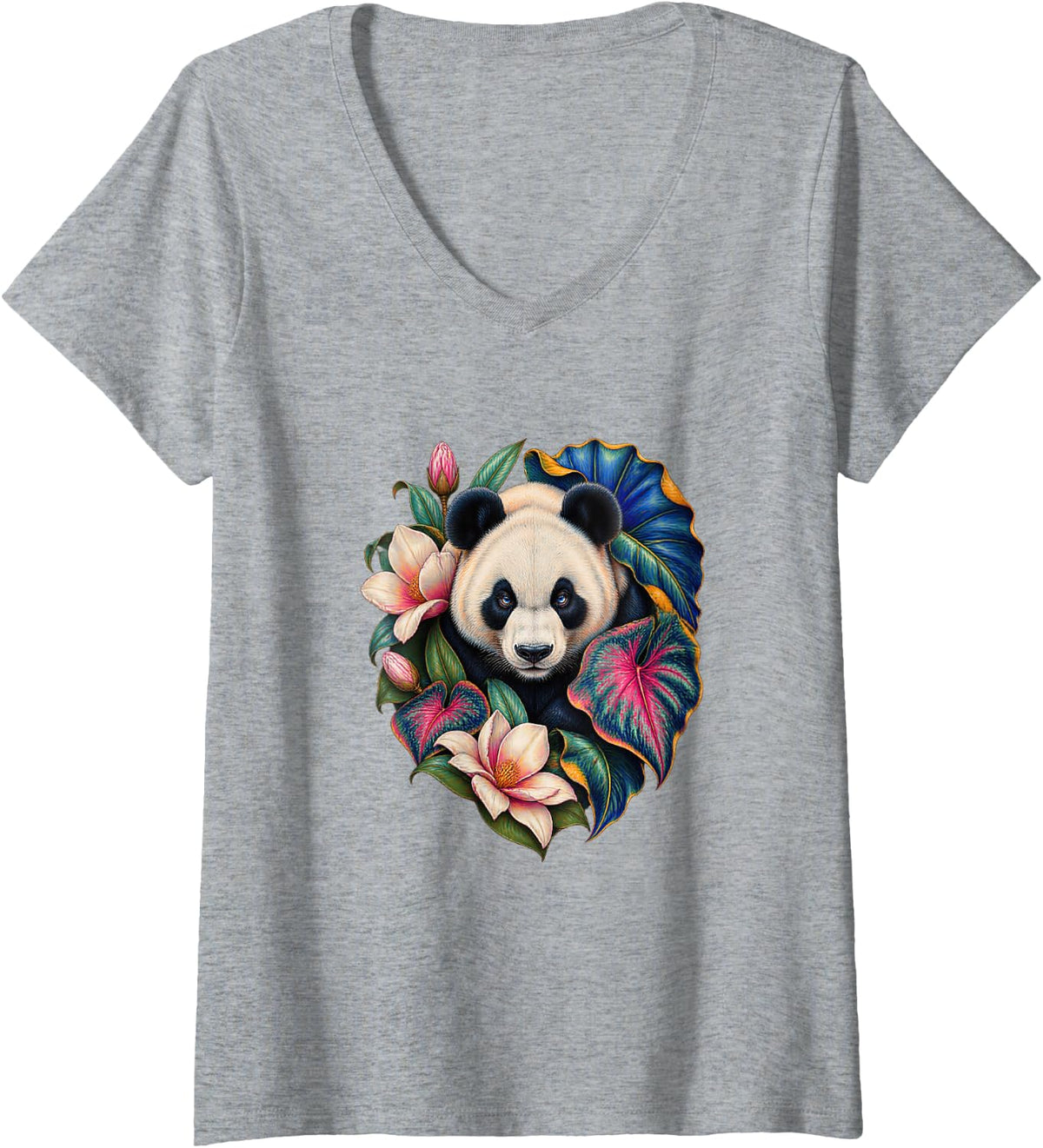 Women's Panda Magnolia Botanical Round Eared Animal Illustration V-Neck T-Shirt - Heather Grey