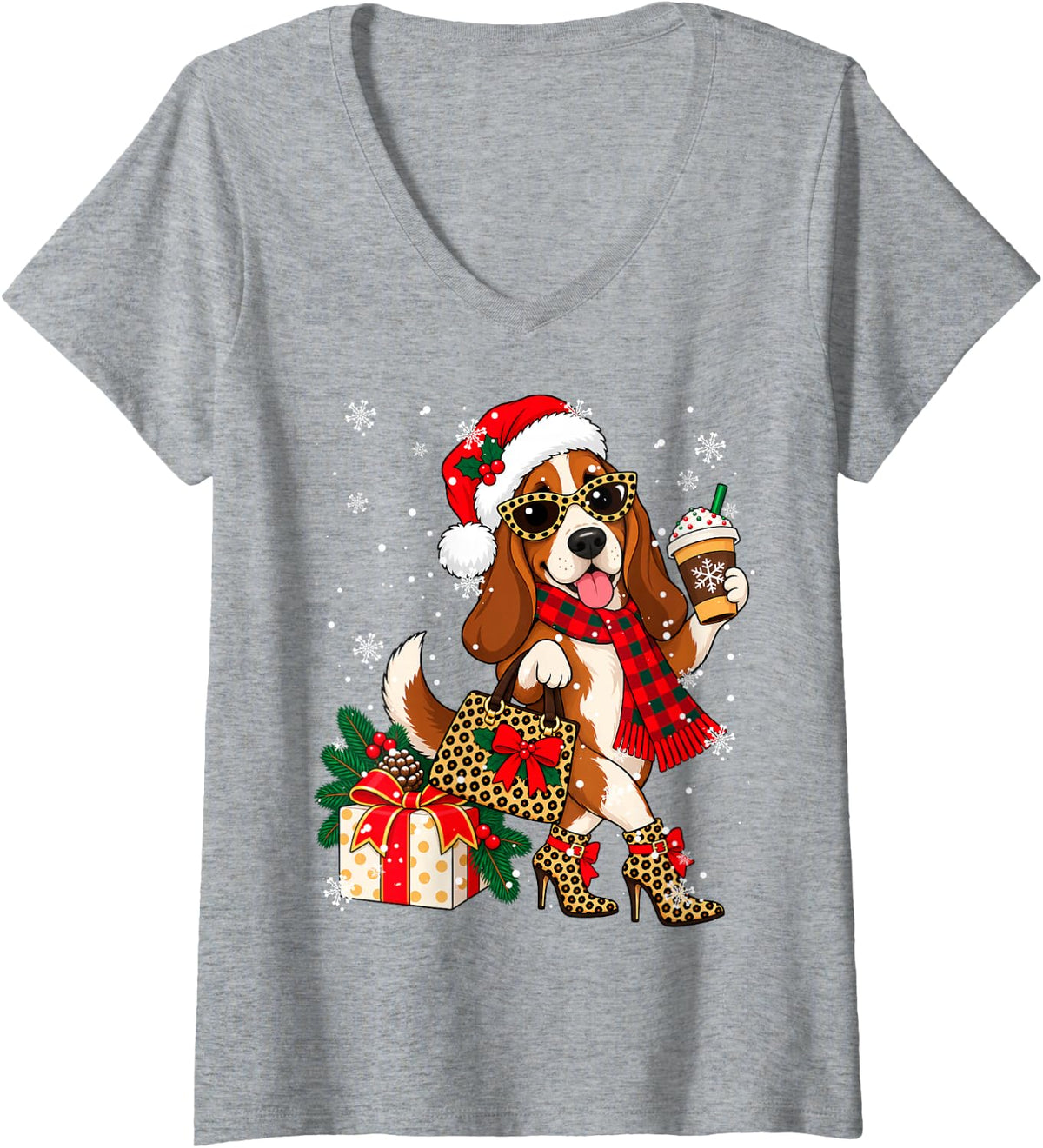 Women's Leopard Basset Hound Dog Drinking Coffee Christmas Xmas V-Neck T-Shirt - Heather Grey