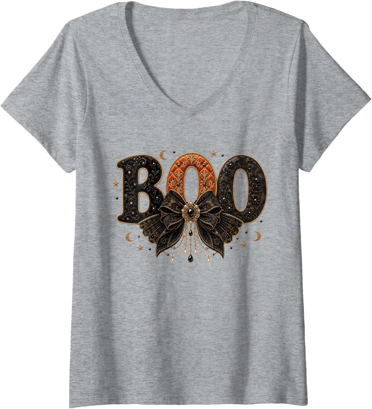 Women's Girls Spooky Season Gothic Black Bow Boo Halloween V-Neck T-Shirt - Heather Grey