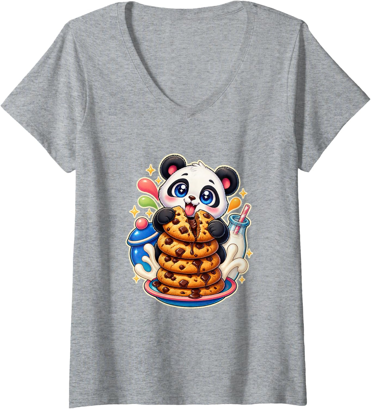 Women's Panda with Cookie Stack and Milk V-Neck T-Shirt - Heather Grey