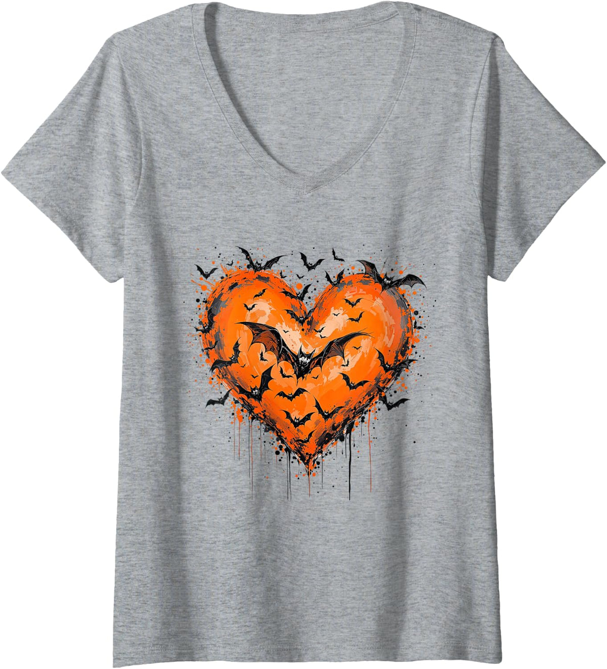 Womens Halloween Bats Scary Night Spooky Season Horror Women Girls V-Neck T-Shirt - Heather Grey