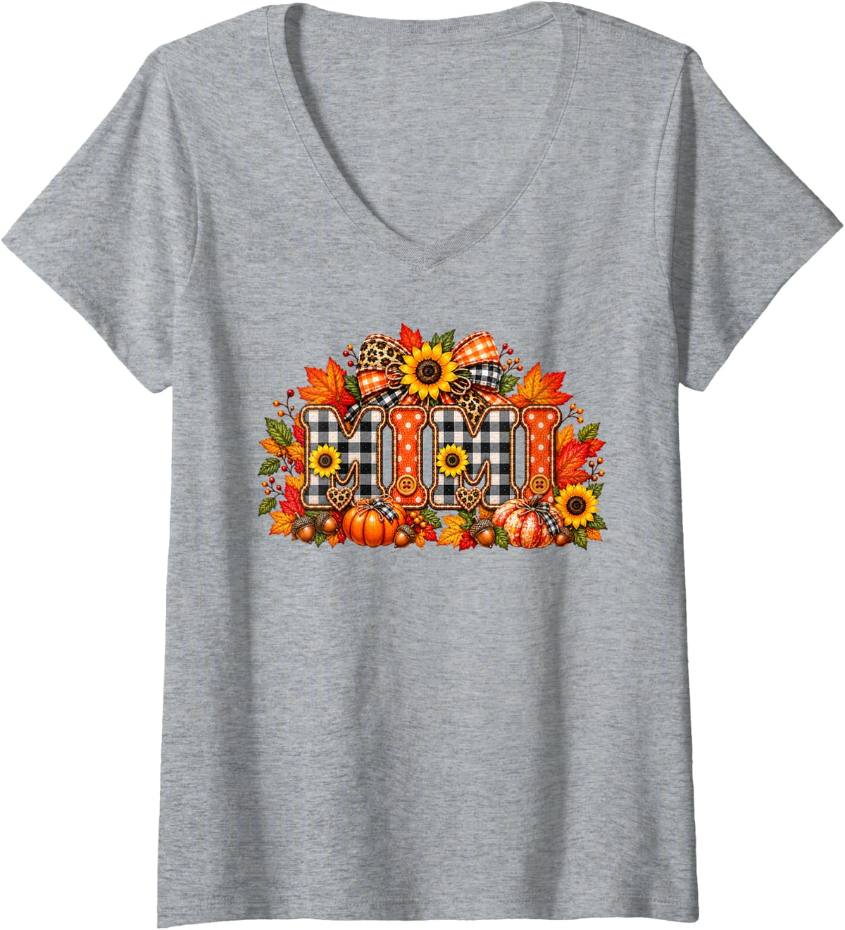 Women's Mimi Fall Harvest-Themed Proud Grandma Cute Mimi Fall Season V-Neck T-Shirt - Heather Grey