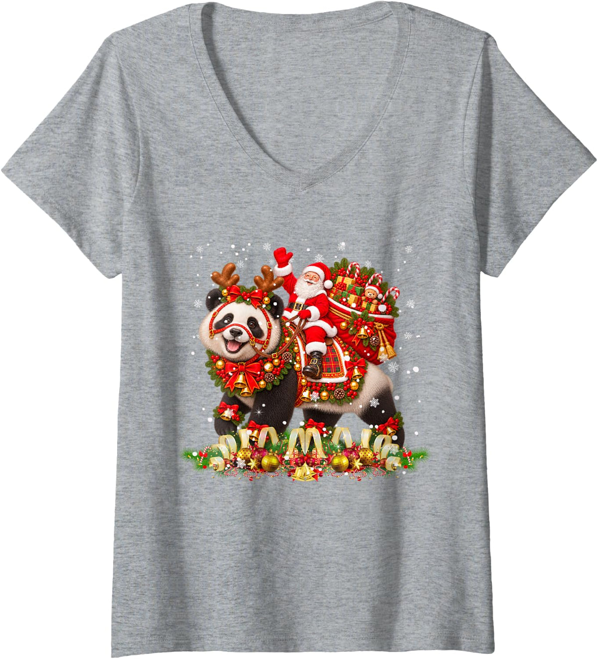 Women's Xmas Decor Funny Santa Riding Panda Christmas V-Neck T-Shirt - Heather Grey
