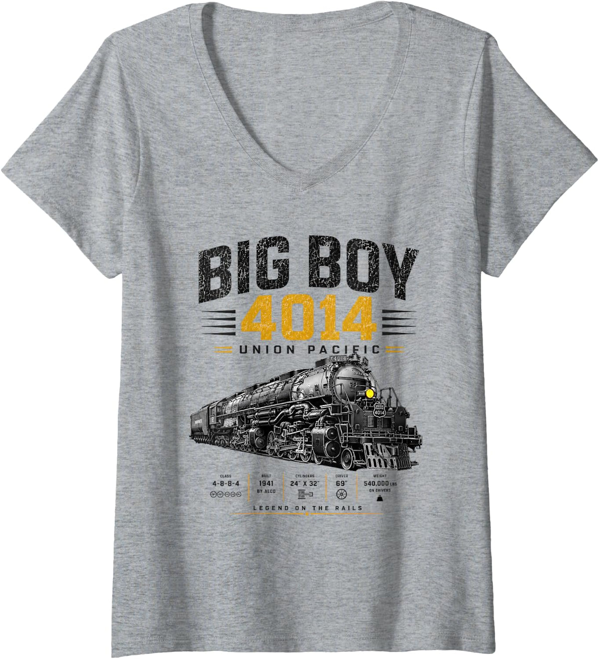 Women's Big Boy 4014 Steam Train Vintage Railroad Locomotive V-Neck T-Shirt - Heather Grey