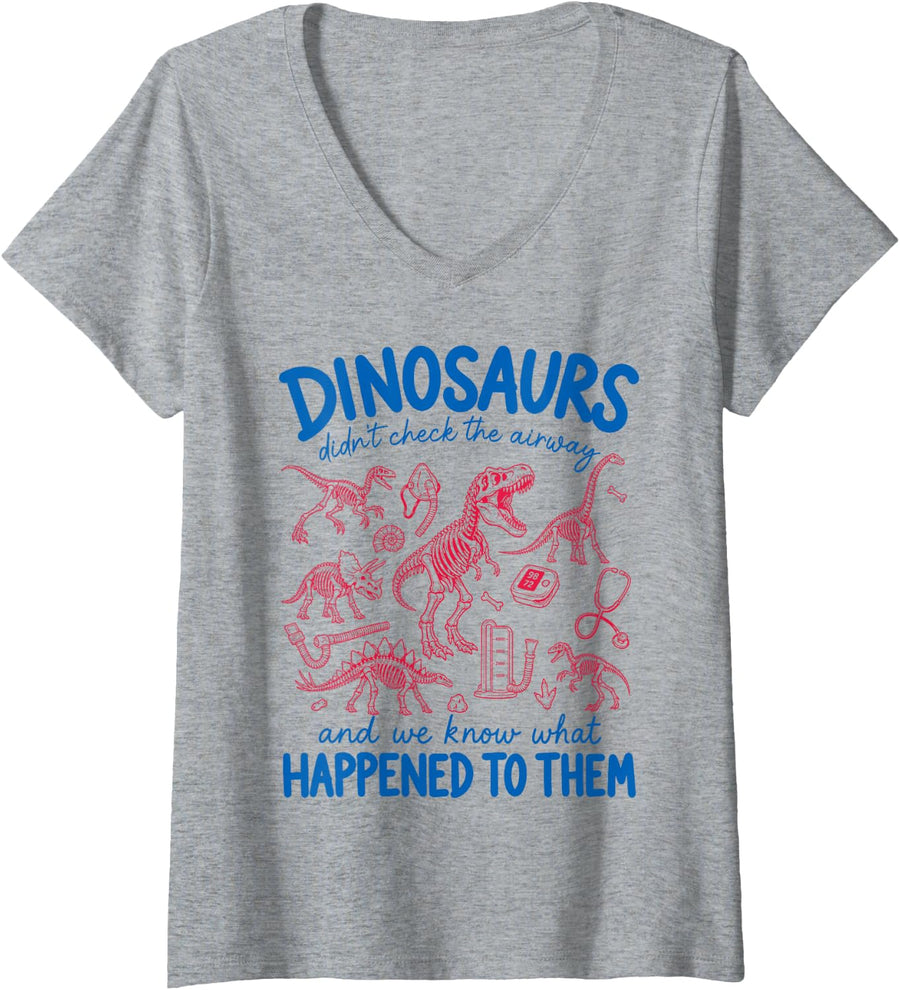 Women's Respiratory Therapist RT Care Dinosaurs Didn’t Check Airway V-Neck T-Shirt - Heather Grey