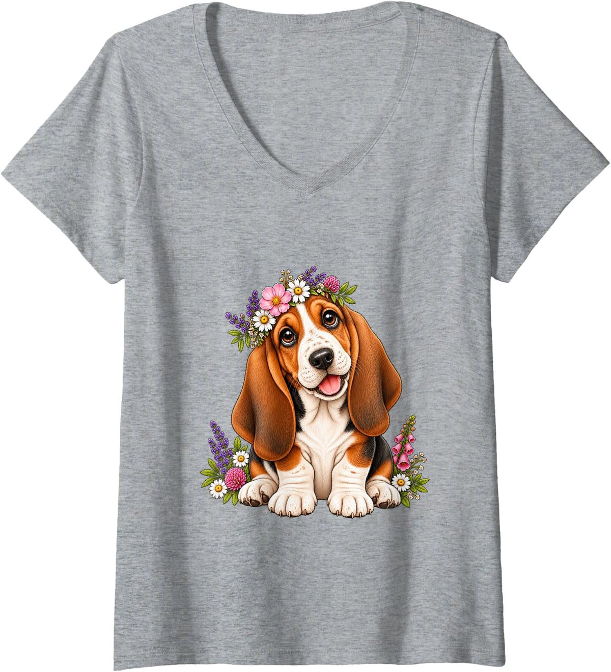 Women's Basset Hound Cute Floral Puppy Crown Flowers V-Neck T-Shirt - Heather Grey